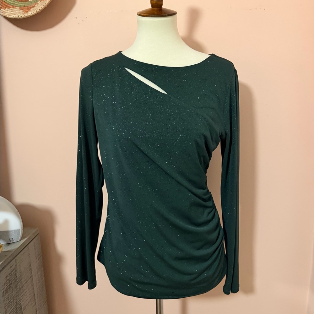 Vince Camuto Sparkling Dark Green Long Sleeve Top w/ Cut Out Detail Sz M